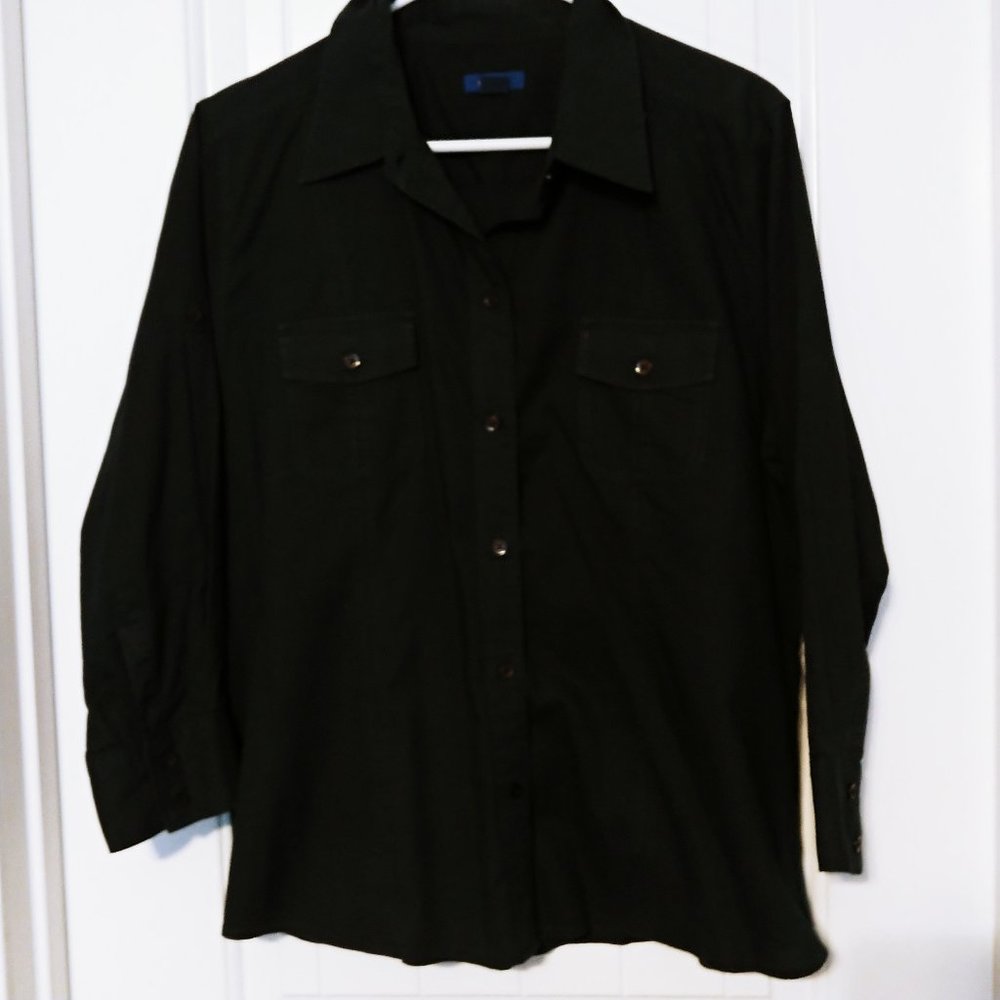 Dockers Women's 3/4 Tab Sleeve Button Down Shirt - Navy Blue - Size XL